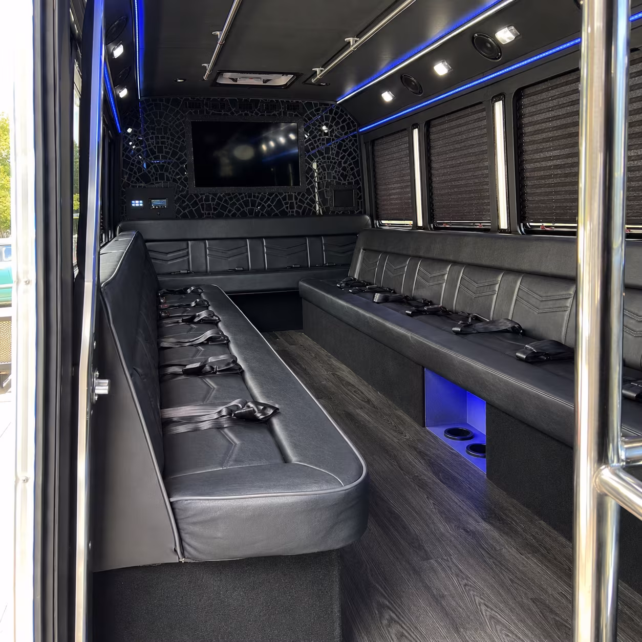 Group beside a Mercedes Sprinter limo in Virginia Beach