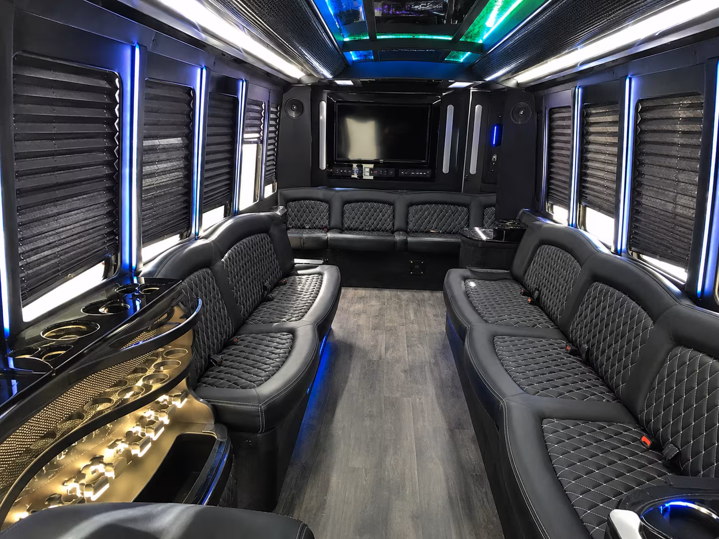 Passenger seating aboard a party bus rental serving Virginia Beach